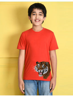 Nusyl - Boys Red Tiger Printed Half Sleeve T-Shirt