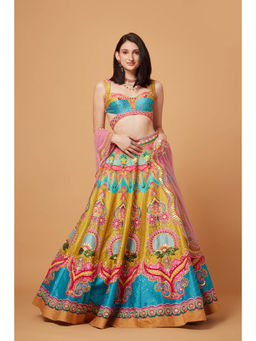 Siddhartha Bansal - Lime Mustard & Paradise Blue Lehenga with Blouse & Dupatta (Set of 3)