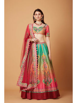 Siddhartha Bansal - Green Pink Ombre Embroidered Lehenga with Blouse and Dupatta (Set of 3)