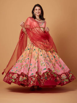 Siddhartha Bansal - Peach Pink Ombre Embroidered Lehenga with Blouse and Dupatta (Set of 3)