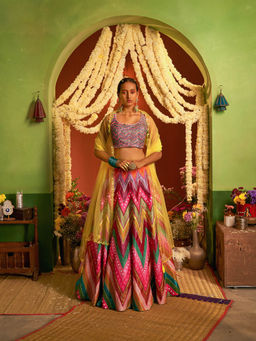 Siddhartha Bansal - Signature Pink Chevron Embroidered Lehenga with Blouse & Dupatta (Set of 3)