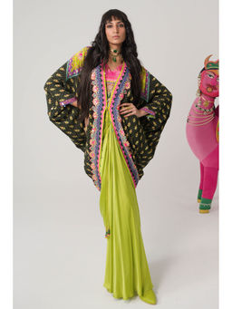 Siddhartha Bansal - Olive Hand Embroidered Shrug with Blouse and Skirt (Set of 3)