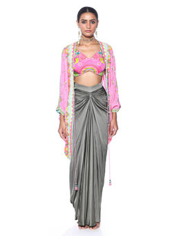 Siddhartha Bansal - Garden Pink Hand Embroidered Shrug with Blouse and Skirt (Set of 3)