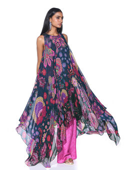 Siddhartha Bansal - Midnight Teal Blue High-low Kurta with Pant (Set of 2)