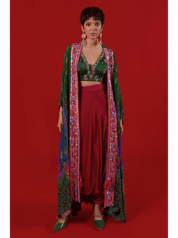 Siddhartha Bansal - Bottle Green Oversized Shrug with blouse & Harem Pant (Set of 3)