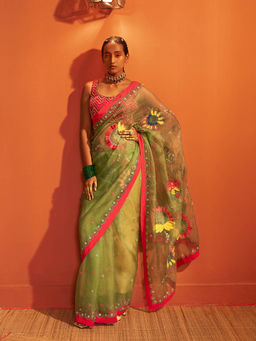 Siddhartha Bansal - Sage Green Silk Organza Embroidered Saree with Stitched Blouse