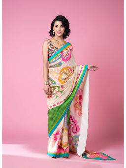 Siddhartha Bansal - Sky Ivory Royal Printed Embroidered Saree with Stitched Blouse