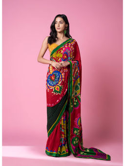Siddhartha Bansal - Royal Printed Salsa Red Embroidered Saree with Stitched Blouse
