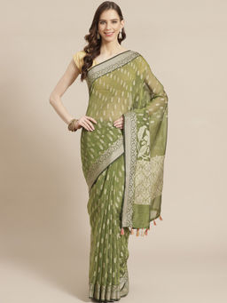 Indethnic - Banarasi Green Woven Design Work Wear Saree With Unstitched Blouse