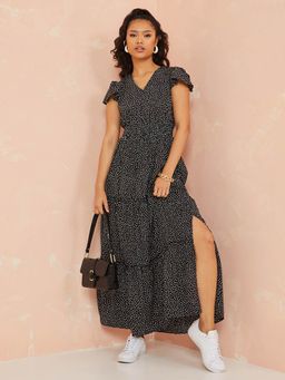 Styli - Multi-color Cap Sleeves Polka Dot Tiered Maxi Dress With Side Slit