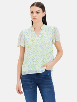 Kazo - Floral Printed Mandarin Neck Top