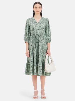 Kazo - Printed Tie-Up Midi Dress with Belt (Set of 2)