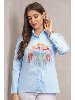 Label Swish - Lulu Lounge Powder Blue Cotton Embellished Shirt