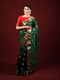 EXCLUSIVA - Dark Green Soft Silk Weaving Saree Designer Border with Unstitched Blouse