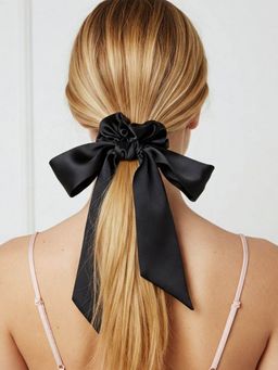 Mueras - Black Satin Silk Scrunchie with Bow Knot Hair Ribbon