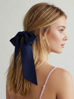 Mueras - Navy Blue Satin Silk Scrunchie with Bow Knot Hair Ribbon