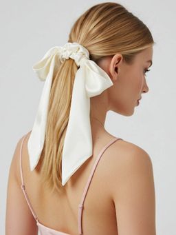 Mueras - Off White Satin Silk Scrunchie with Bow Knot Hair Ribbon