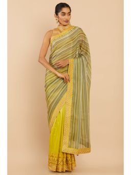 Soch - Women Green Chiffon Stripes Saree with Unstitched Blouse