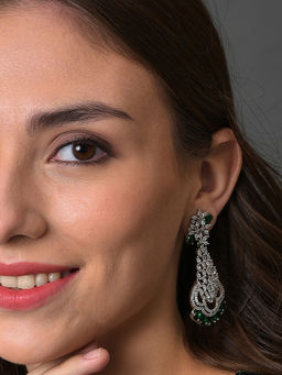 Sohi - Silver Plated White Green American Diamond Drop Earrings