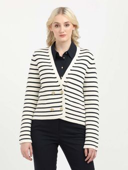 Tommy Hilfiger - BRETON GOLD BUTTON OVRLP CARDI Women White Cardigan