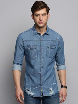 SHOWOFFFF - Mens Spread Collar Solid Blue Classic Shirt