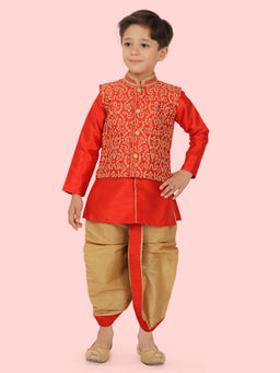ETHNIKS NEURON - Boys Red Print Long Sleeve Kurta with Dhoti & Jacket (Set of 3)