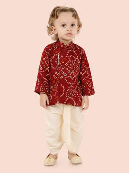 ETHNIKS NEURON - Boys Maroon Bandhani Print Long Sleeve Kurta with Dhoti (Set of 2)