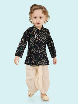 ETHNIKS NEURON - Boys Navy Blue Bandhani Print Long Sleeve Kurta with Dhoti (Set of 2)