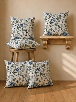 The Home Story - Cream Leaf Digital Printed Cotton Cushion Covers (Pack of 5)