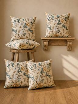 The Home Story - Beige Bloom Digital Printed Cotton Cushion Covers (Pack of 5)