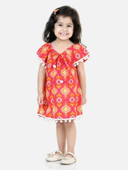 BownBee - Cotton Printed with Pompom Jhabla Frock for Girls-Pink