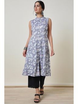 Soch - Purple Foil Floral Print Rayon A Line Kurta