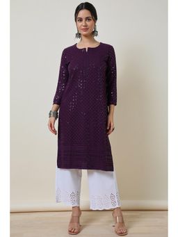 Soch - Purple Embroidered Rayon Sequins Work Kurta