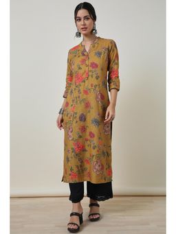 Soch - Mustard Linen Floral Print Princess Cut Kurta