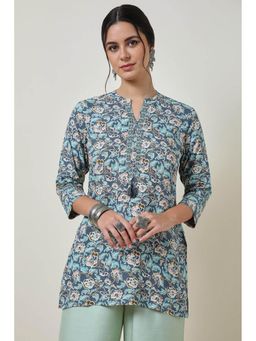 Soch - Blue Floral Print Rayon Mandarin Collar Tunic