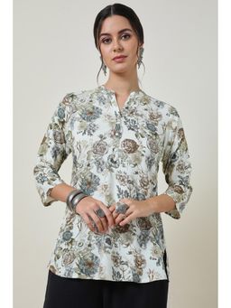 Soch - Off White Floral Print Rayon Slub Mandarin Collar Tunic