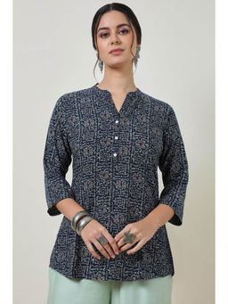 Soch - Navy Blue Foil Print Rayon Slub Tunic
