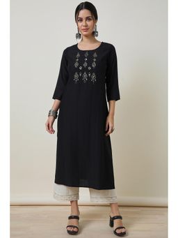 Soch - Black Viscose Blend Yoke Embroidered Beads Kurta