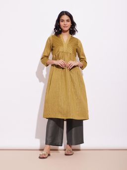 Pink Fort - Mustard Lurex Gold Striped Kurta
