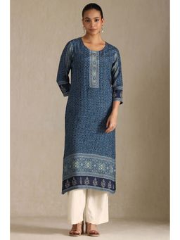 Soch - Womens Indigo Muslin Printed Kurta with Beads and Stones