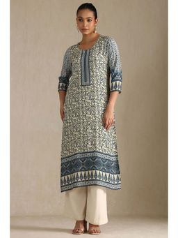 Soch - Womens Beige Muslin Floral Print Kurta with Beads and Stone