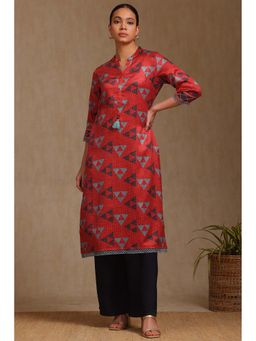 Soch - Womens Rust Satin Geometric Print Kurta