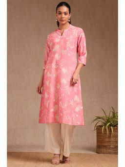 Soch - Womens Blush Pink Cotton Floral Print Kurta with Beads
