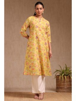 Soch - Womens Yellow Cotton Floral Print Kurta with Beads