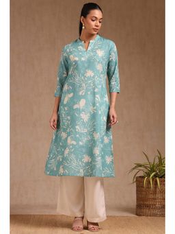 Soch - Womens Turquoise Blue Cotton Floral Print Kurta with Beads