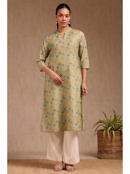 Soch - Womens Light Green Cotton Floral Print Kurta with Beads