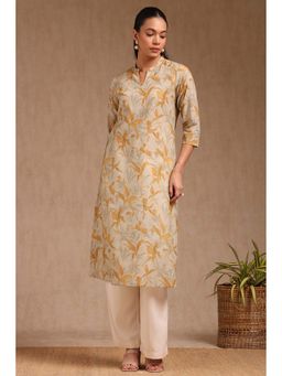 Soch - Womens Mustard Cotton Floral Print Kurta with Beads