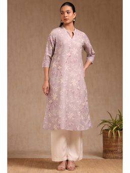 Soch - Womens Lavender Cotton Floral Print Kurta with Beads