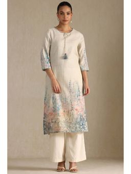 Soch - Womens Off White Linen Floral Print Kurta with Tassels