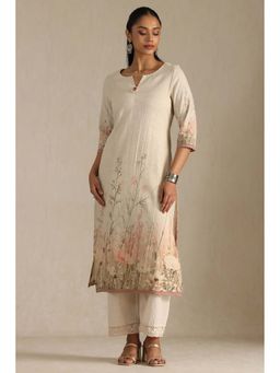 Soch - Womens Beige Linen Botanical Printed Kurta